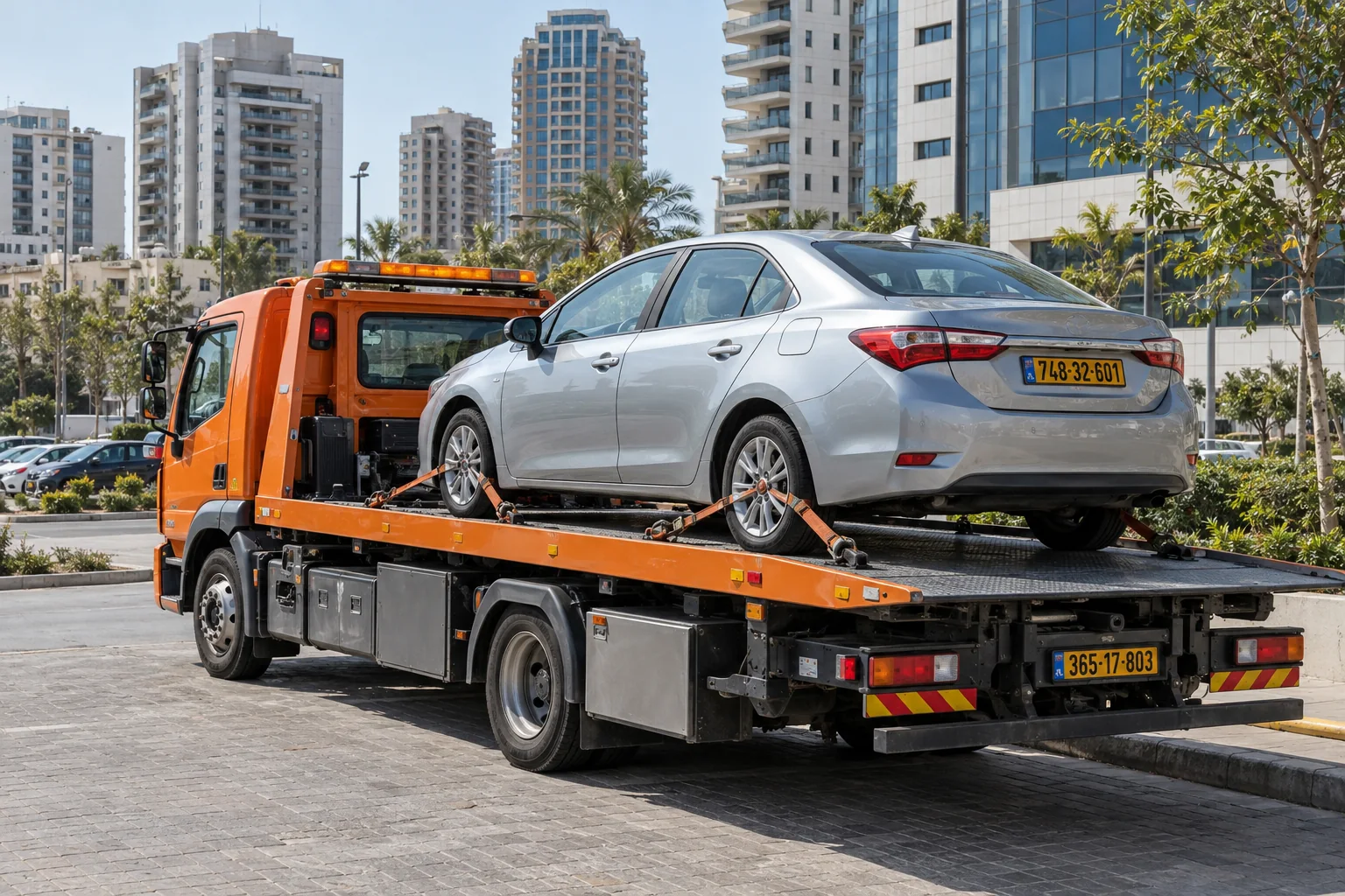 גרירת רכב פרטי בפתח תקווה על משטח גרירה עם רכב מקובע