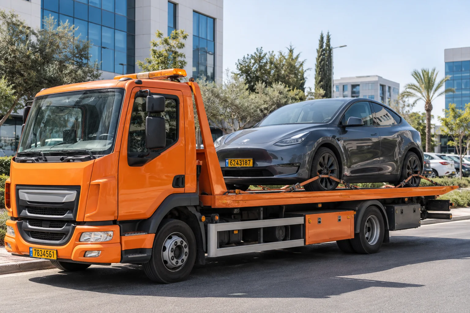 גרירת רכב חשמלי בפתח תקווה על משטח גרירה עם כל הגלגלים מורמים