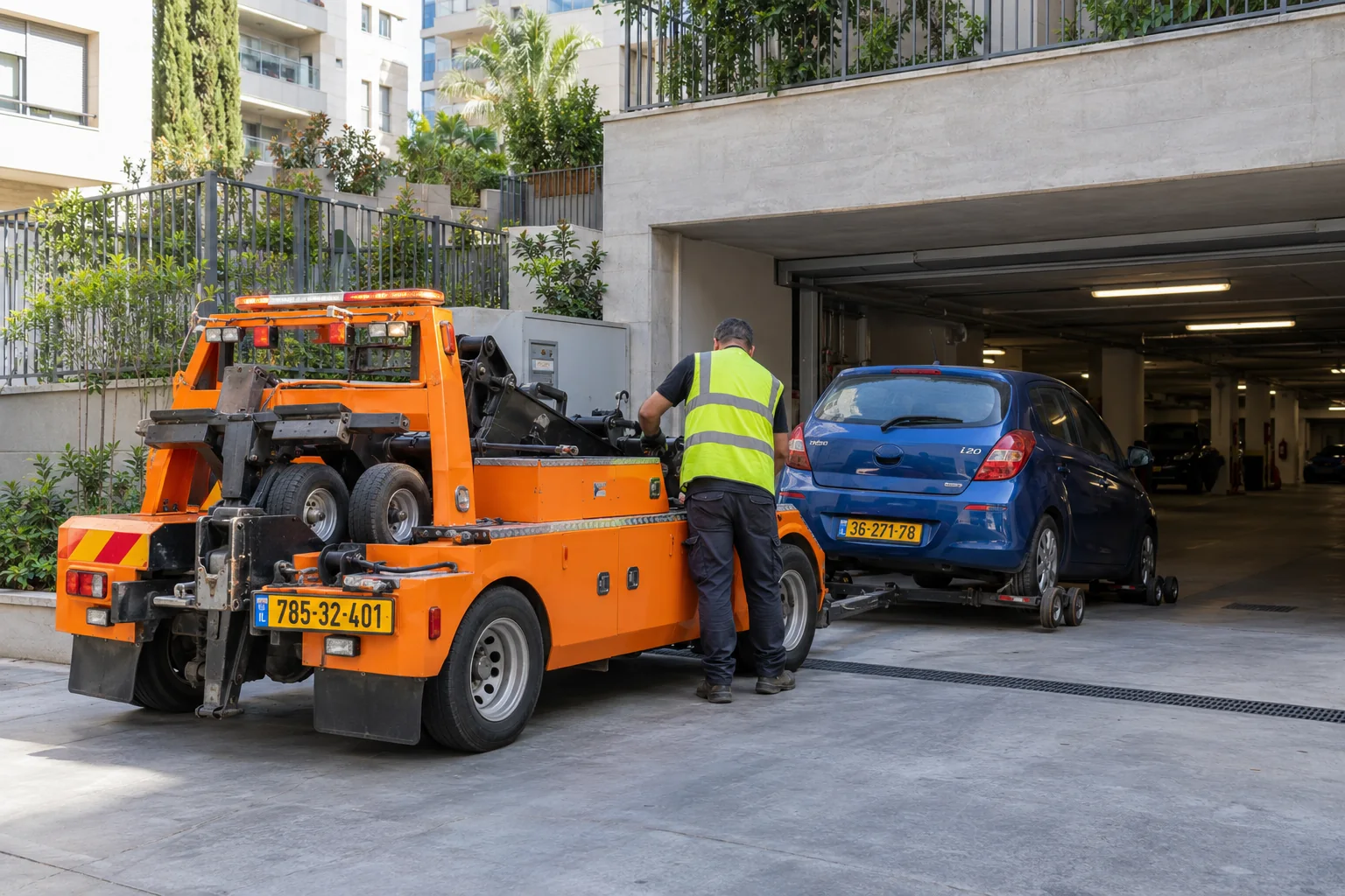 חילוץ רכב מחניון בפתח תקווה באמצעות עגלות גלגלים