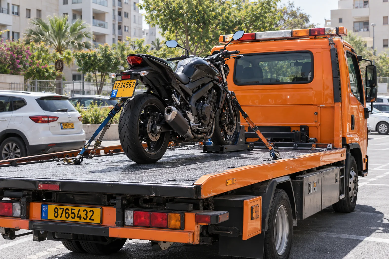 גרירת אופנוע בפתח תקווה עם קיבוע ברצועות על משטח גרירה