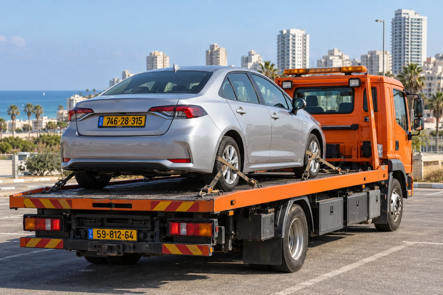 גרירת רכב פרטי באשדוד על משטח גרירה עם רכב מקובע