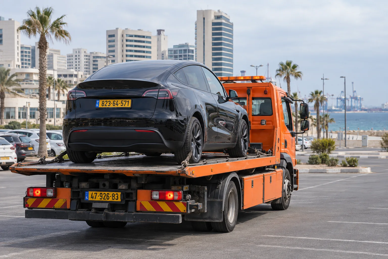 גרירת רכב חשמלי באשדוד על משטח גרירה עם כל הגלגלים מורמים