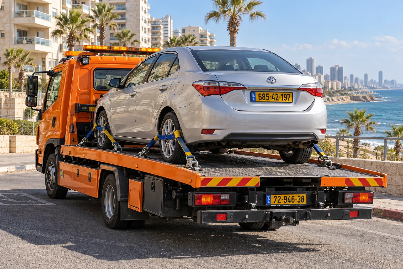 גרירת רכב פרטי בבת ים על משטח גרירה עם רכב מקובע