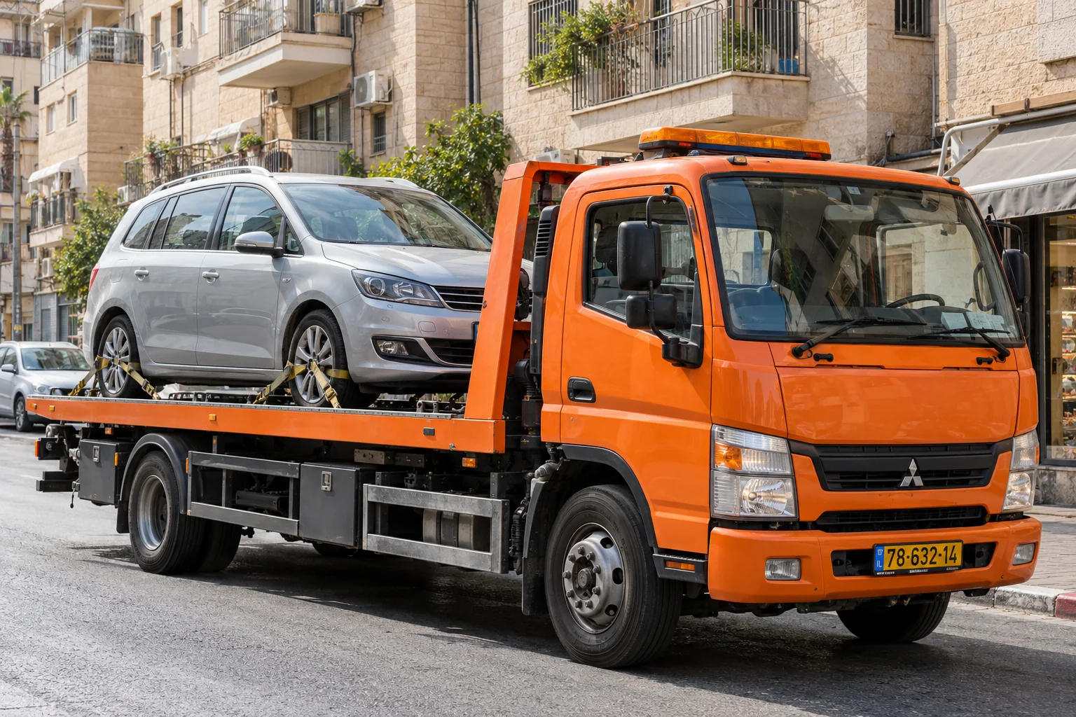 גרירת רכב פרטי בבני ברק על משטח גרירה עם רכב מקובע
