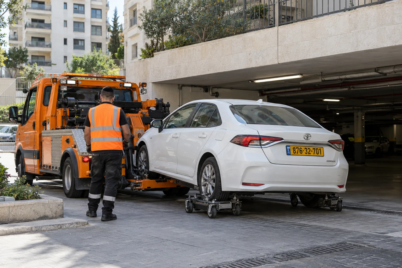 חילוץ רכב מחניון בבני ברק באמצעות עגלות גלגלים