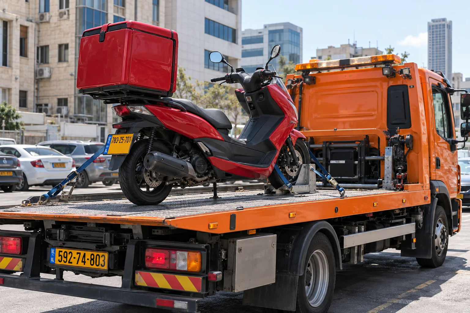גרירת אופנוע בבני ברק עם קיבוע ברצועות על משטח גרירה