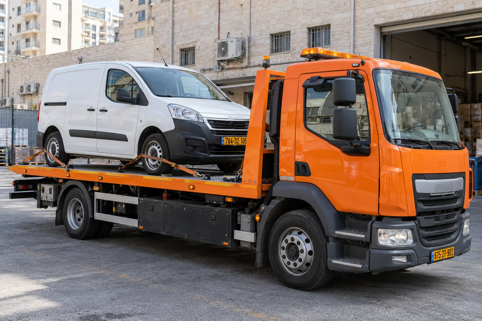 גרירת רכב מסחרי בבני ברק על משטח הובלה מתאים