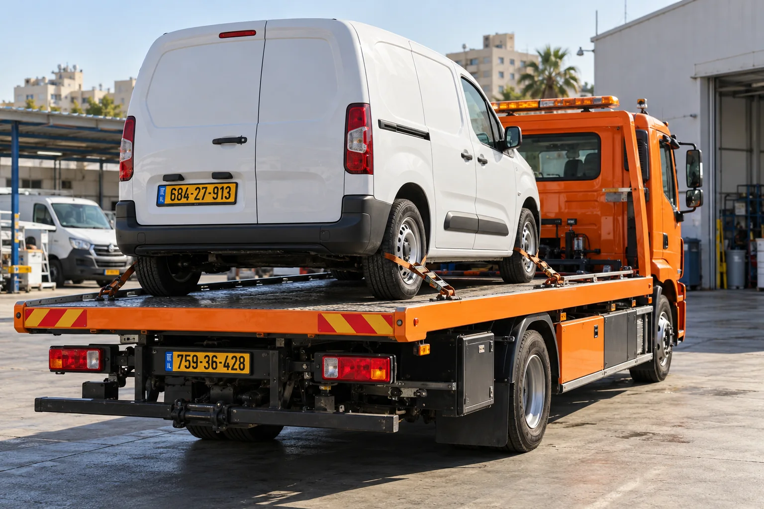 גרר כתום עם רכב מסחרי מקובע לקראת הובלה בחולון