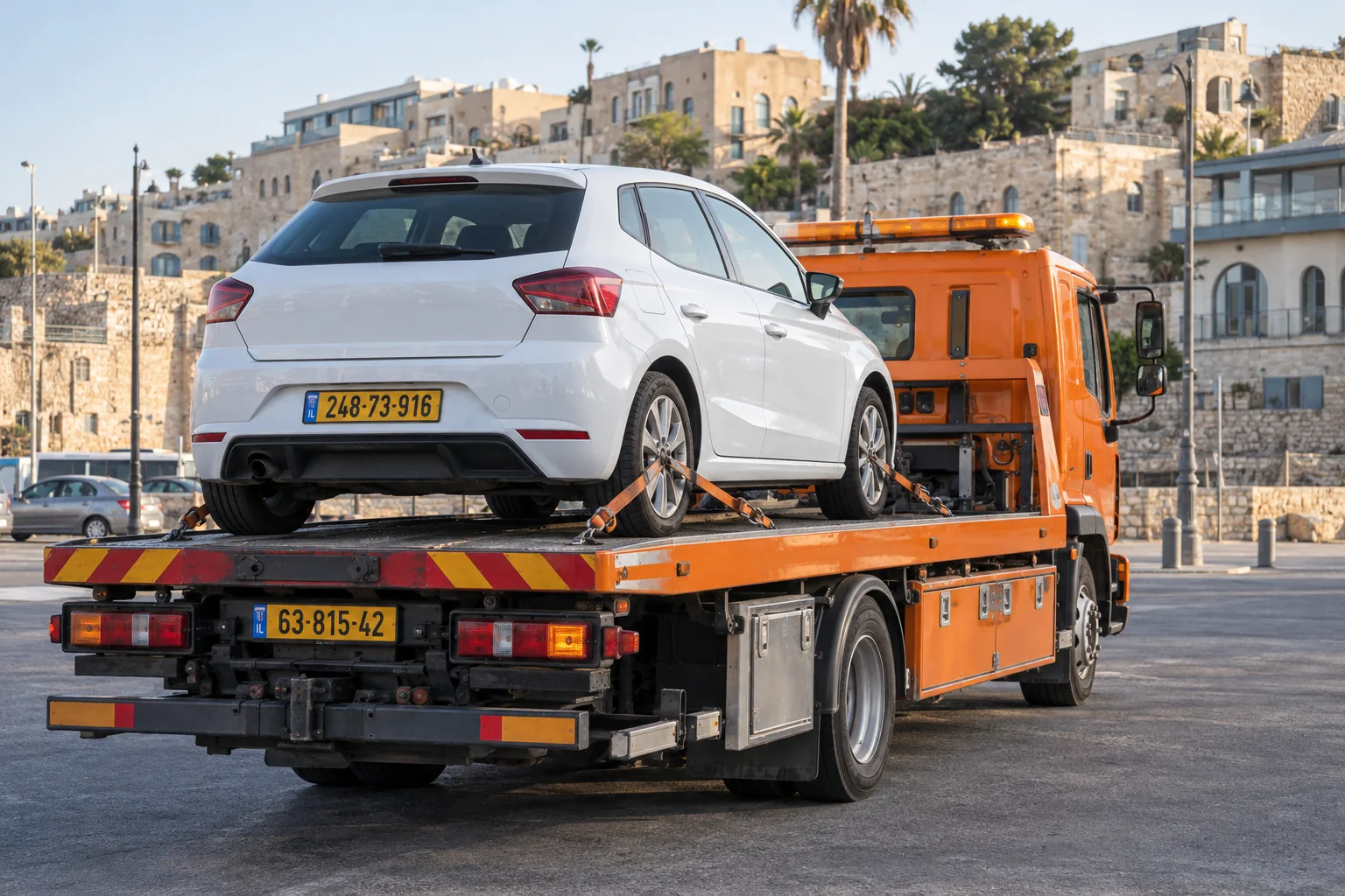 גרירת רכב פרטי ביפו על משטח גרירה עם רכב מקובע