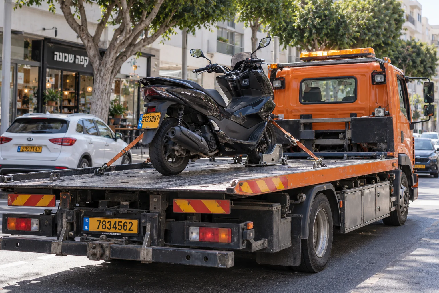 הובלת כלי דו גלגלי בכפר סבא עם קיבוע ברצועות על משטח גרירה