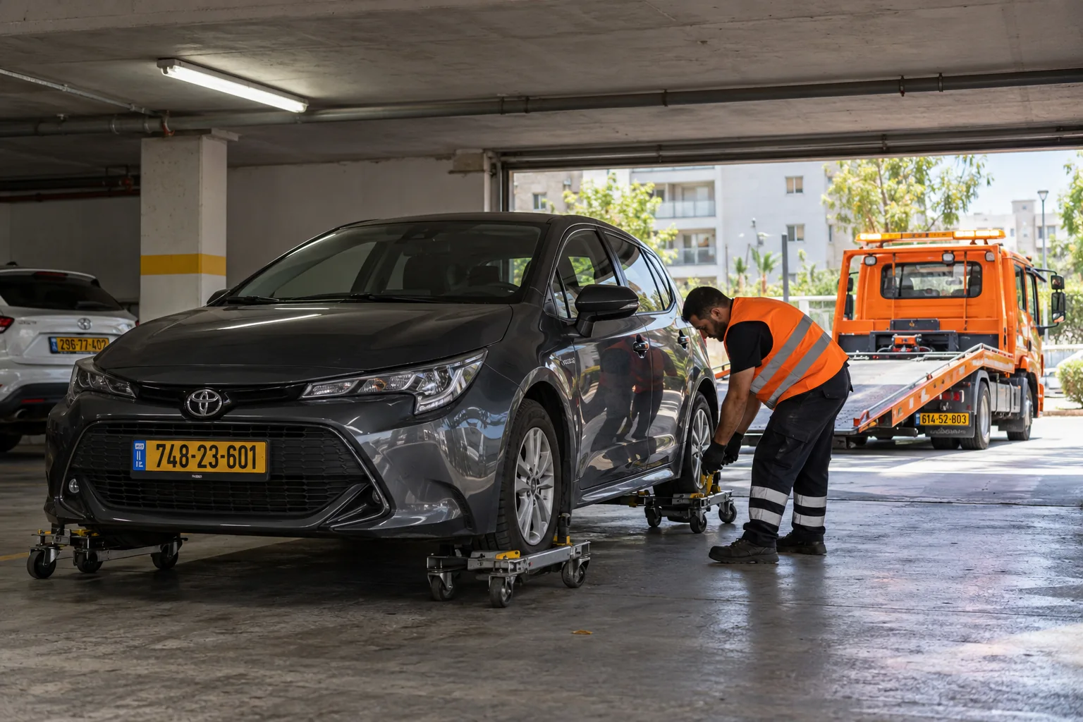 חילוץ רכב מחניון בלוד באמצעות עגלות גלגלים