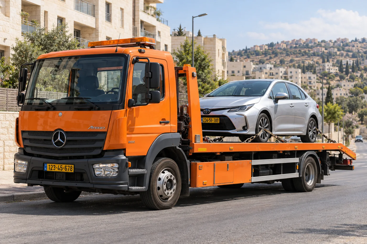 גרירת רכב במודיעין מכבים רעות עם רכב מקובע על משטח גרר כתום