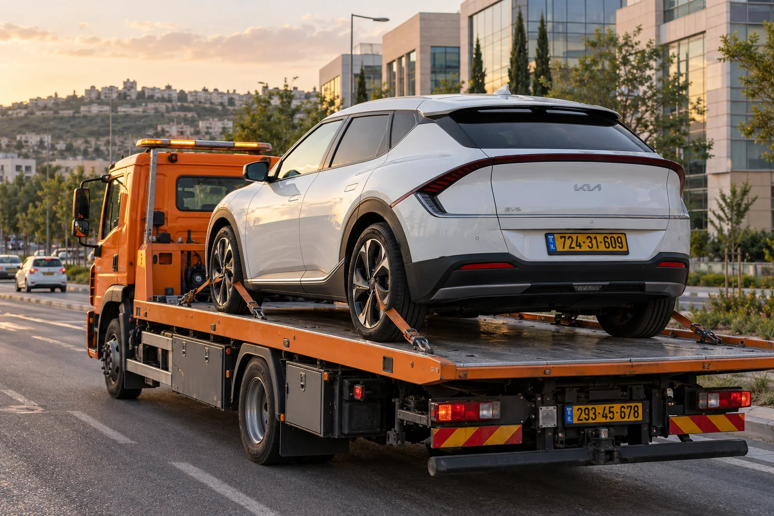 גרירת רכב חשמלי במודיעין מכבים רעות על גרר כתום עם כל הגלגלים על המשטח