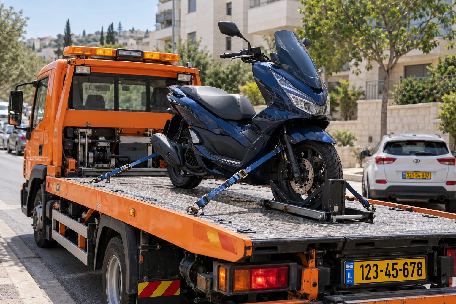 הובלת כלי דו גלגלי במודיעין מכבים רעות עם קיבוע ברצועות על משטח גרירה