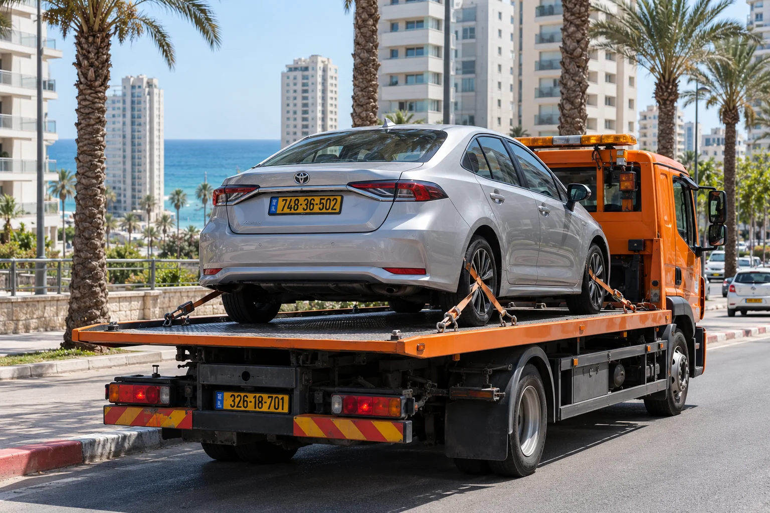 גרירת רכב בנתניה עם רכב מקובע על משטח גרר כתום
