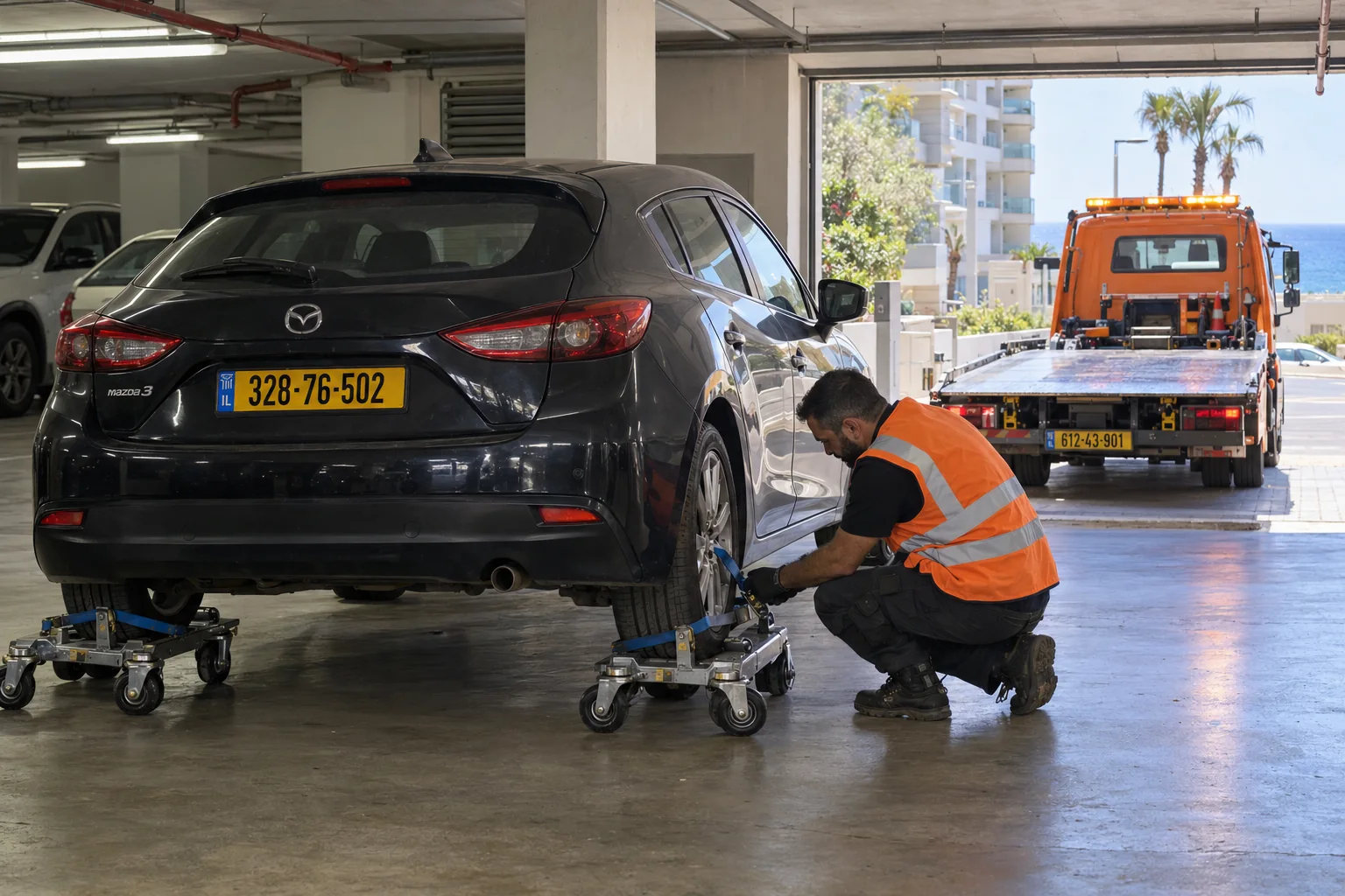 חילוץ רכב מחניון בנתניה באמצעות עגלות גלגלים