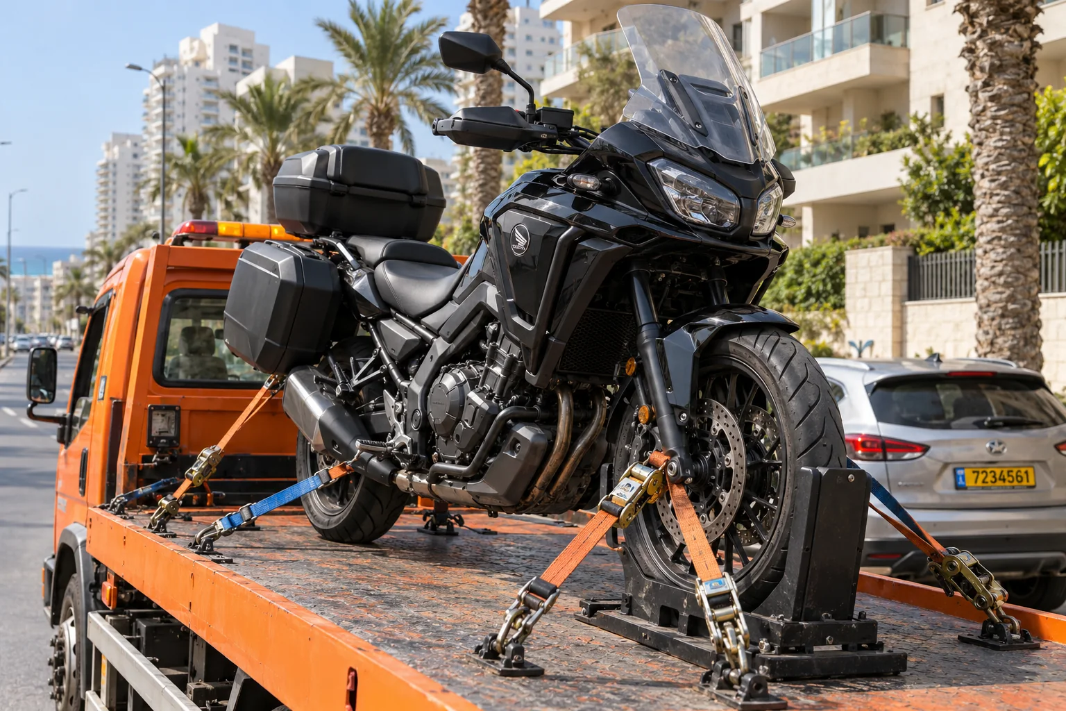 הובלת כלי דו גלגלי בנתניה עם קיבוע ברצועות על משטח גרירה
