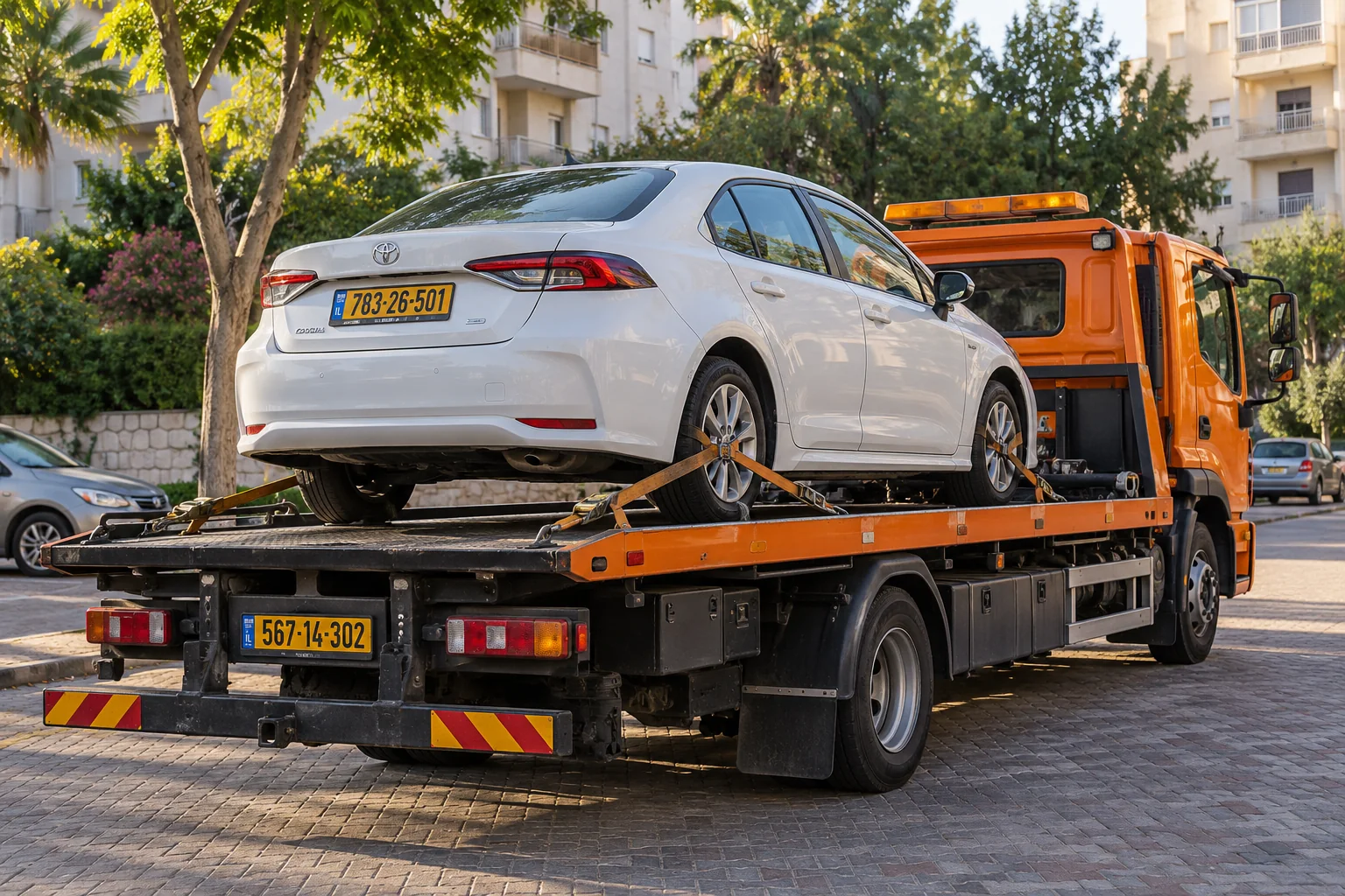 גרירת רכב ברחובות עם רכב מקובע על משטח גרר כתום