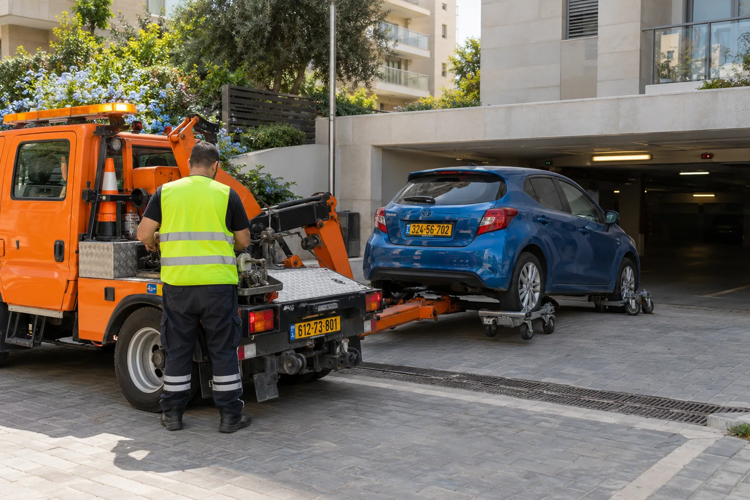 חילוץ רכב מחניון ברחובות באמצעות עגלות גלגלים