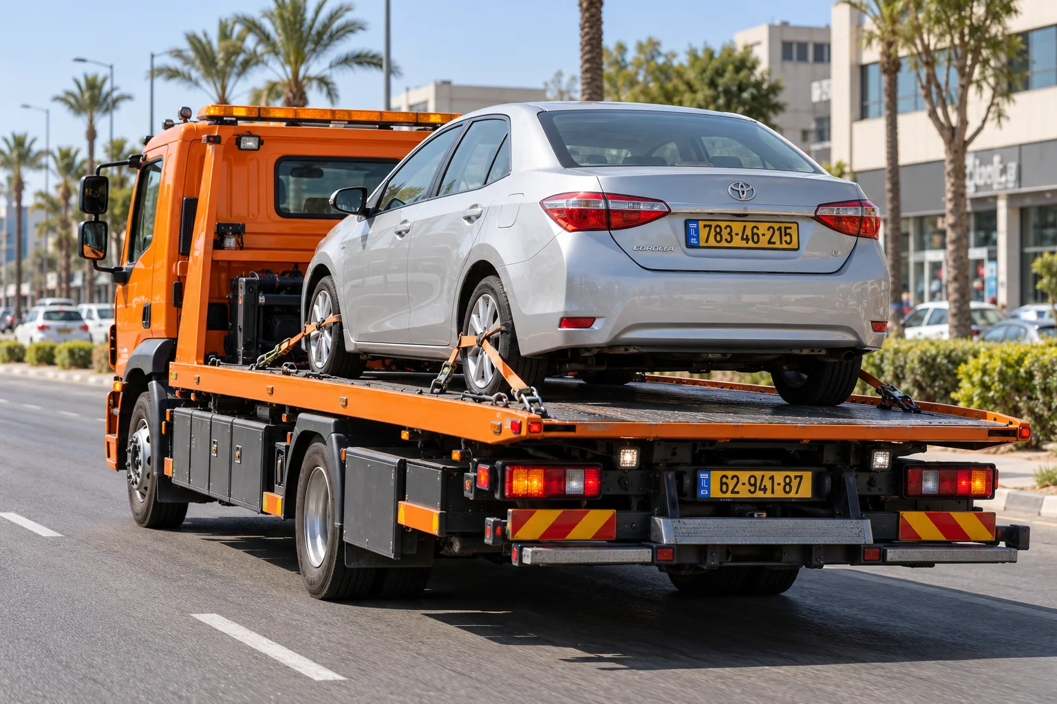 גרירת רכב בראשון לציון על גרר כתום עם קיבוע גלגלים