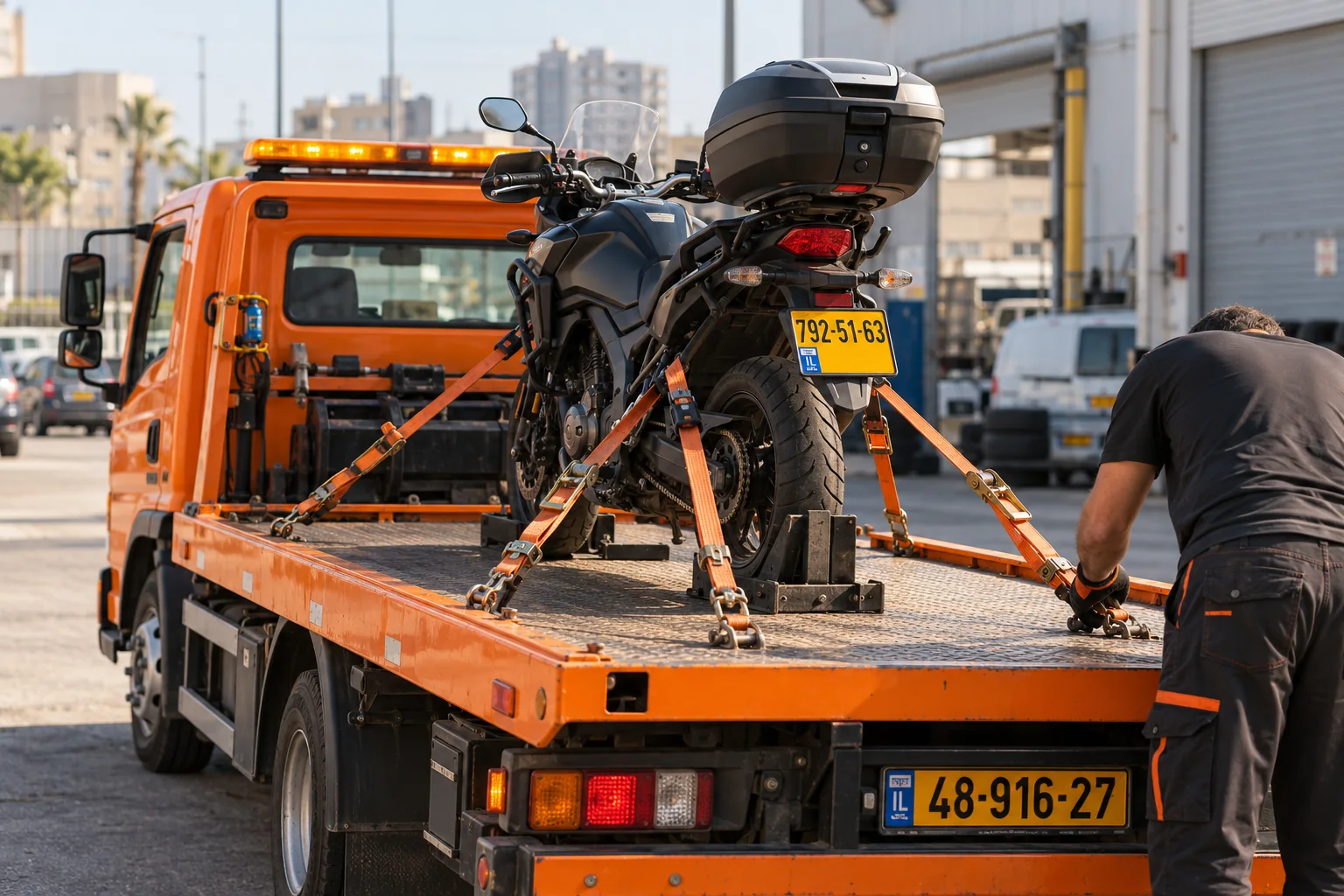 בדיקת רצועות אופנוע על גרר כתום לפני הובלה