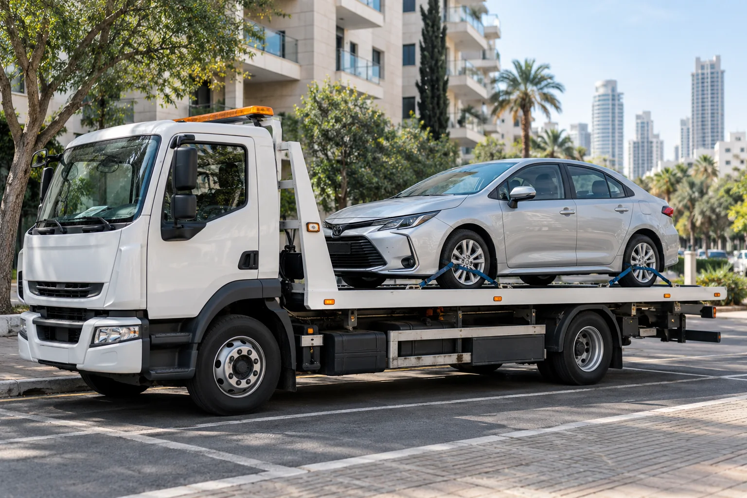 גרירת רכב בתל אביב על משטח עם קיבוע גלגלים