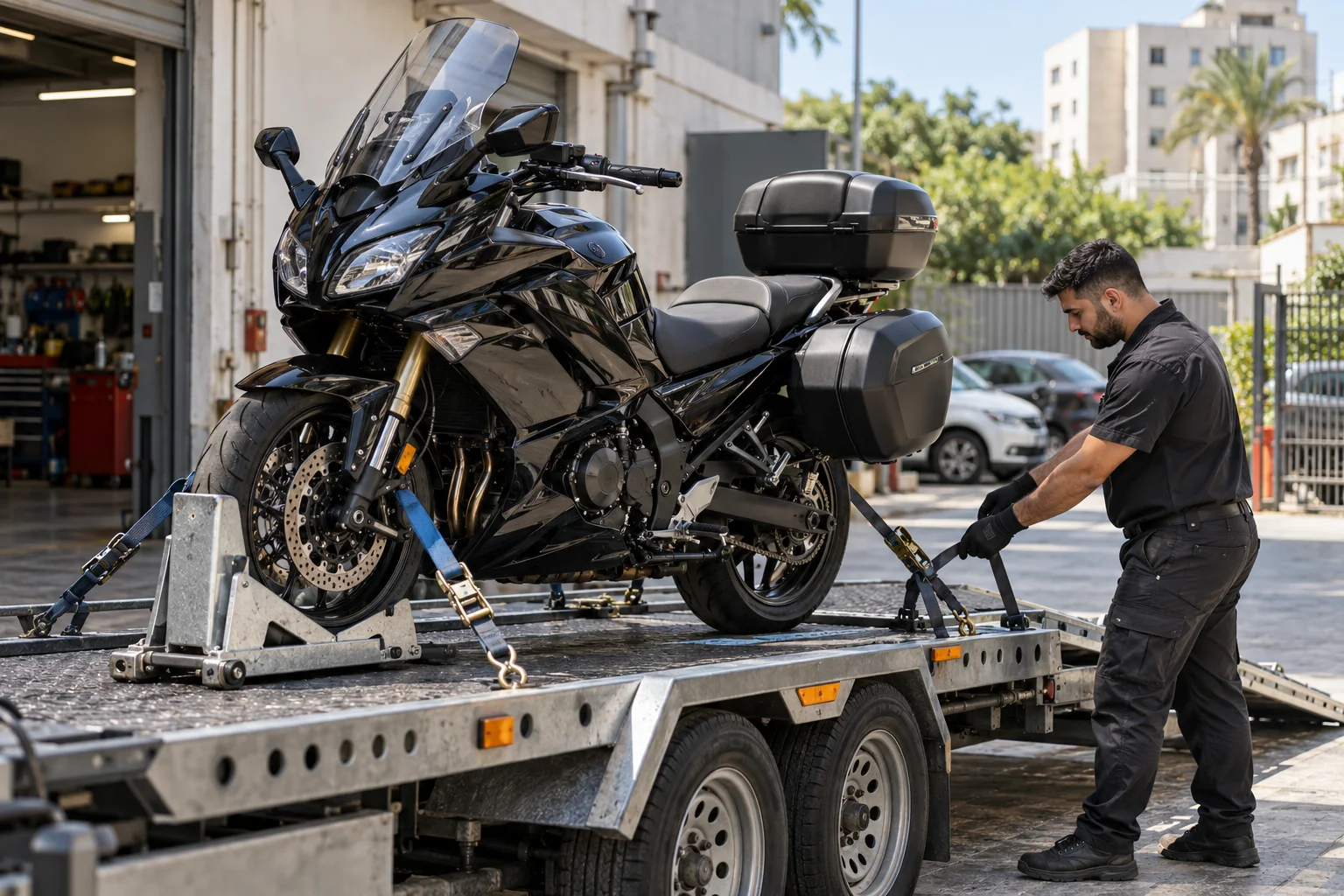 קיבוע אופנוע להובלה באמצעות רצועות ותומך גלגל