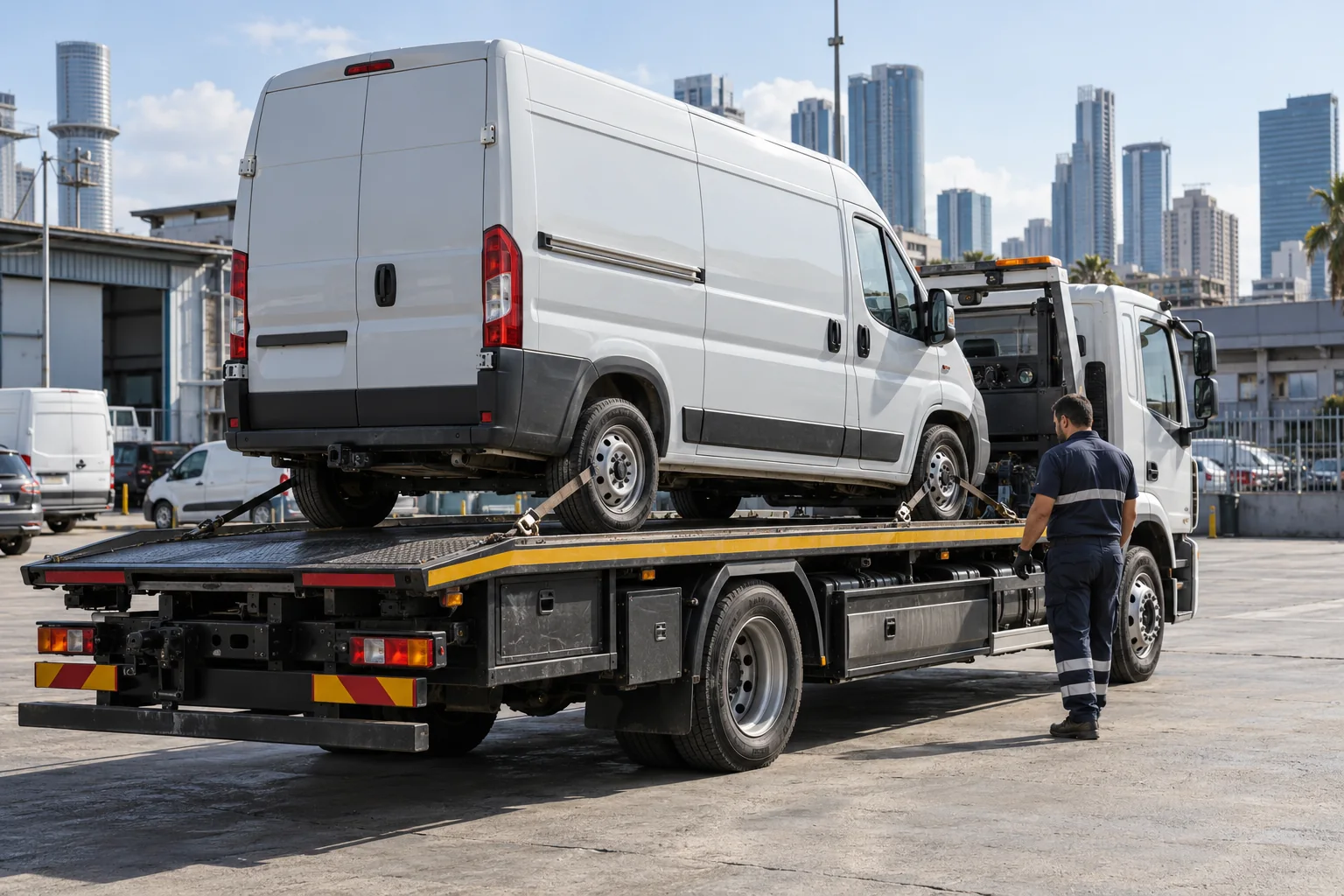 גרירת רכב מסחרי על משטח ובדיקת ההעמסה לפני נסיעה